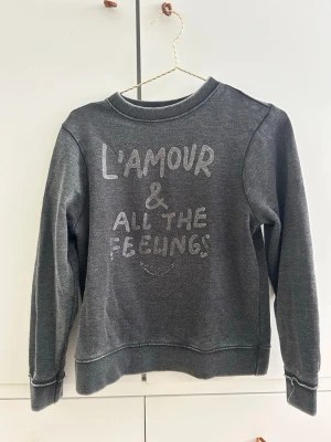 Mörkgrå sweatshirt med texttryck - Mysig mörkgrå sweatshirt med glittrigt texttryck 'L'AMOUR & ALL THE FEELINGS' på bröstet. Tröjan har rund halsringning, långa ärmar och ribbade muddar vid ärmslut och nederkant. Perfekt för en avslappnad och trendig look.