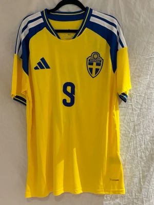 Sverige landlagströja 2026 - Säljer en gul och blå svensk landslagströja med nummer 9 på bröstet och Isak på ryggen. Tröjan har klassiska vita ränder på axlarna, blå detaljer och Sverigelogga. Tillverkad i lätt och ventilerande material, perfekt för fotboll eller träning.