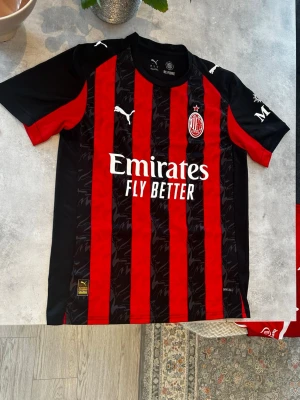AC Milan matchtröja Puma röd/svart - Säljer en officiell AC Milan matchtröja från Puma i rött och svart med klassiska vertikala ränder. Tröjan har klubbmärke, Puma-loggor och Emirates Fly Better-tryck på bröstet. Tillverkad i lätt och ventilerande material, perfekt för fotbollsträning eller match.