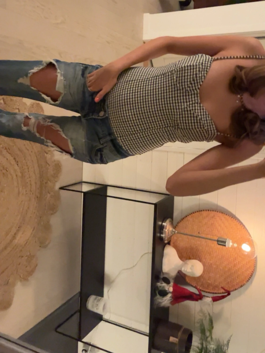 Rutig linnetopp med smala axelband - 2