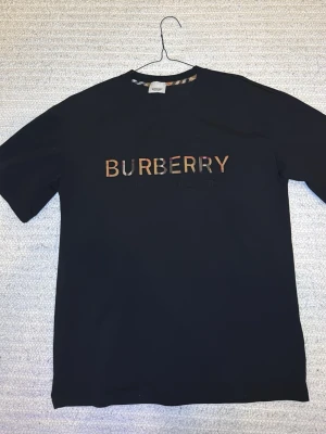 Svart Burberry t-shirt  - Svart t-shirt från Burberry med klassisk rund hals och korta ärmar. Stor Burberry-logga i färgglada bokstäver framtill och typiskt rutigt band på insidan av kragen. Perfekt för en stilren och trendig look.