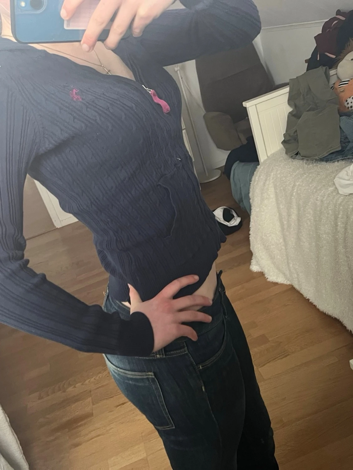 Mörkblå ribbad hoodie med dragkedja - 2