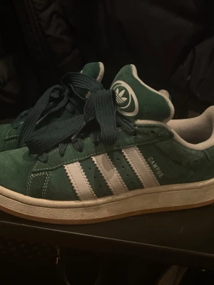 Adidas Campus gröna sneakers - Gröna Adidas Campus sneakers i mocka med klassiska vita ränder på sidorna och Adidas-logga på plösen. Skorna har gröna skosnören och vit sula. Perfekta för dig som gillar retrostil och streetwear.pris går att diskutera vid snabb affär. postar inom 1-2 dagar. köpta i slutet av december.