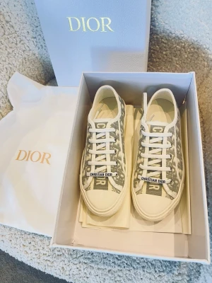 Walk’n dior sneakers - Säljer ett par snygga Dior Oblique sneakers i vitt och grått med klassiskt monogrammönster. Skorna har vita snören, gummisula och 'CHRISTIAN DIOR' detalj på snörningen. Perfekta för dig som vill ha en exklusiv touch till din outfit. Köpte förra året men är i jätte bra skick 