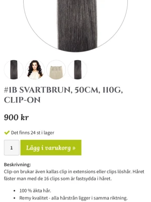 Svartbruna 1b  clip-on löshår 50cm  - Clip-on löshår i färgen #1B svartbrun, 50 cm långt och väger 110g. Gjort av 100% äkta remy-hår där alla hårstrån ligger i samma riktning. Endast testat. Jag har tvättat och plattat håret