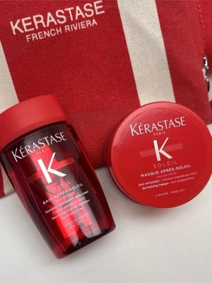 Kérastase Soleil hårvårdsset med necessär - Kérastase Soleil hårvårdsset med röd och vit tygnecessär. Innehåller Bain Après-Soleil schampo i röd plastflaska och Masque Après-Soleil hårinpackning i rund röd plastburk. Perfekt för dig som vill ta hand om håret efter soliga dagar.