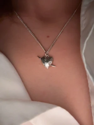 Silverhalsband med hjärthänge - Snyggt silverfärgat halsband med ett hjärthänge som har en unik design med två små spikar genom hjärtat. Kedjan är tunn och stilren, perfekt för att ge en cool touch till din outfit. Längd 45