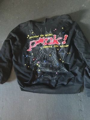 Svart Sp5der hoodie - Cool svart hoodie med färgglatt tryck på ryggen där det står 'Nevermind the spider, PUNK! here’s the slime' och ett stort spindelnät. Små stjärnor i gult, blått och rosa pryder både ryggen och ena ärmen. På framsidan finns en gul stjärna. Perfekt för dig som gillar unik streetstyle.
