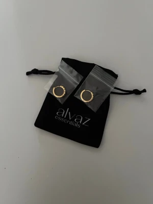 Guldpläterade hoops från Alvaz - Säljer ett par snygga guldpläterade hoops från Alvaz Essentials. Örhängena är runda med en stilren design och små detaljer längs kanten. Kommer i originalpåse och är perfekta för dig som gillar trendiga accessoarer. Ny pris:265kr