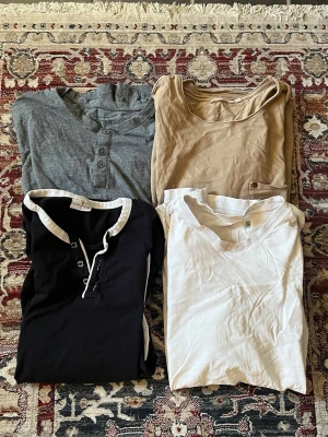 T-shirt i paket L - 4st - Paket med 4 T-shirts i storlek L i bra skick. Perfekta basplagg till vardag eller träning. Ingår i paketet: • 1 vit V-neck T-shirt • 1 svart/vit T-shirt med knappar • 1 grå T-shirt med knappar • 1 beige T-shirt med ficka  ✔ Alla i bra skick ✔ Storlek L ✔ Perfekta vardagsplagg ✔ Säljs tillsammans till bra paketpris  📏 Storlek: L 🧵 Skick: Bra