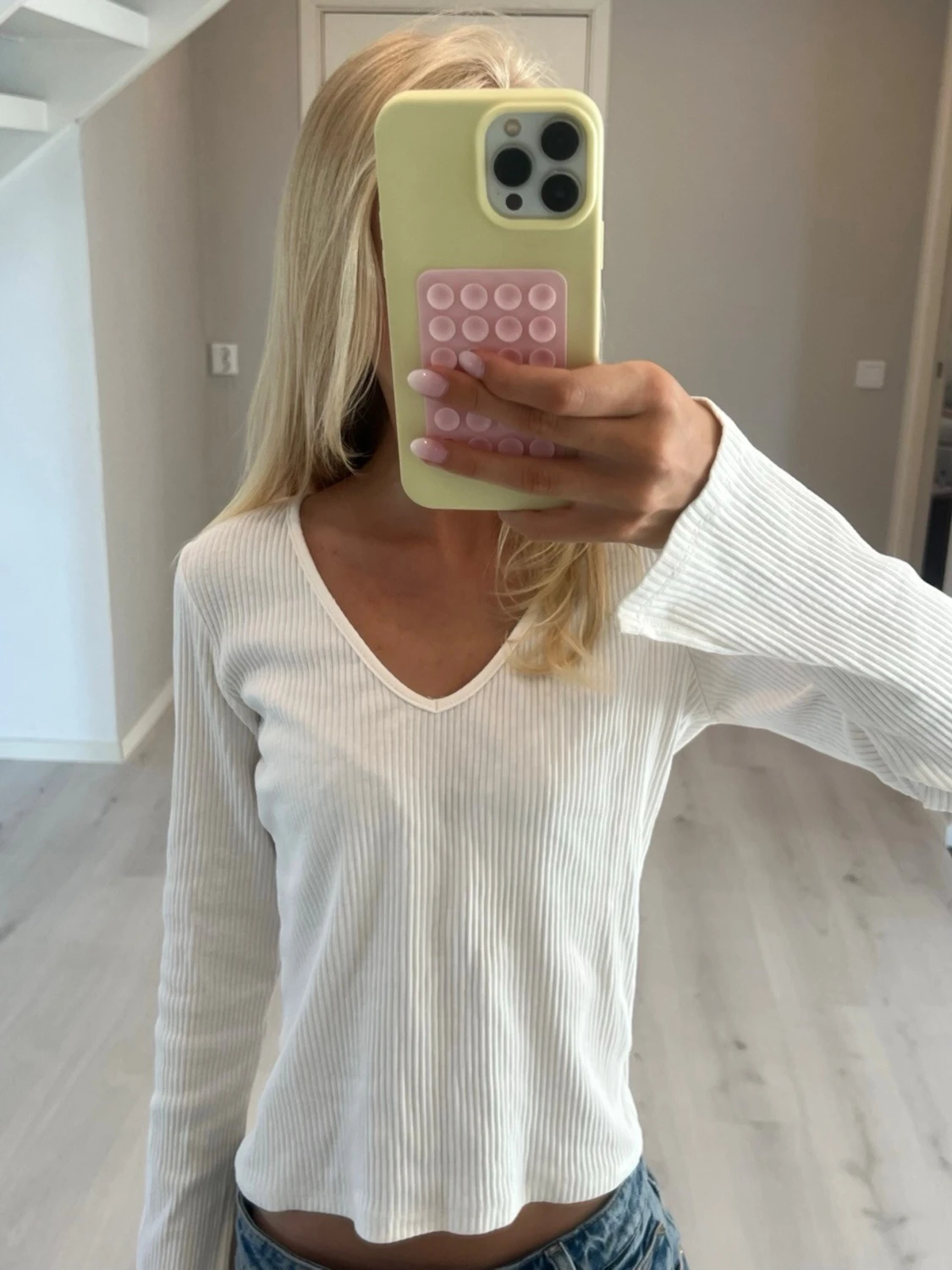 Vit ribbad långärmad topp - 2
