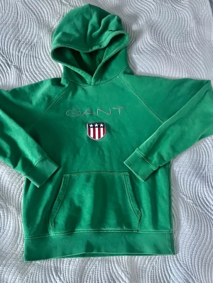 Grön hoodie från GANT - Snygg grön hoodie från GANT med klassisk huva och ribbade muddar vid ärmar och nederkant. Tillverkad i mjukt bomullsmaterial och har en enkel, stilren design utan tryck på ryggen. Perfekt för en avslappnad och trendig look.