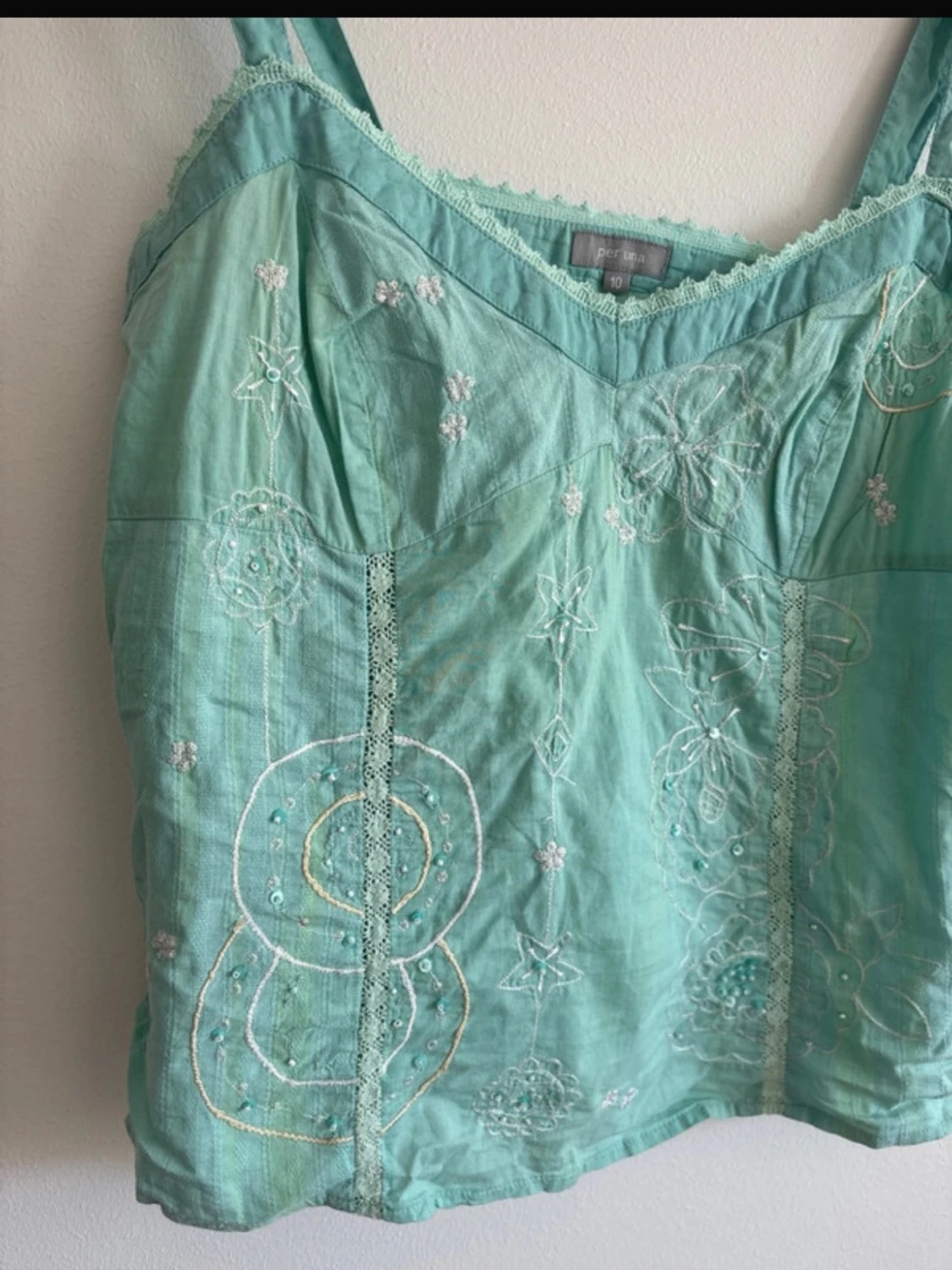 Vintage Mintgrön broderad linnetopp - 1