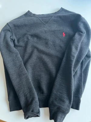 Mörkgrå sweatshirt från Polo Ralph Lauren - Mörkgrå sweatshirt från Polo Ralph Lauren med klassisk rund halsringning och röd broderad logga på bröstet. Tröjan har långa ärmar och mjukt material som känns skönt mot huden. Perfekt för en avslappnad och stilren look.