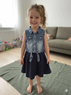 Jeansklänning med prickig kjol - Snygg kort klänning med ärmlös jeansöverdel och knytband i midjan. Kjolen är mörkblå med vita prickar och har en härlig vidd. Perfekt för dig som gillar en cool och lekfull stil. Klänningen har knappar framtill och två bröstfickor.