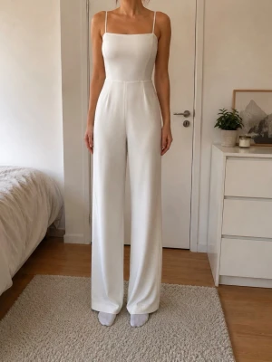 Vit jumpsuit med smala axelband - Stilren vit jumpsuit med raka, vida ben och smala axelband. Jumpsuiten har en figurnära överdel med fyrkantig urringning och markerad midja. Perfekt för dig som gillar minimalistisk och modern stil.
