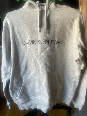 Grå hoodie från Calvin Klein Jeans - Snygg grå hoodie från Calvin Klein Jeans med stor CK-logga och text på bröstet. Klassisk känguruficka framtill, ribbade muddar och justerbar huva med snören. Perfekt för en avslappnad och trendig look. 2 små hål på varsin sida av fickorna fram, syns på bild 
