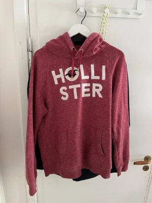 Vinröd hoodie från Hollister - Mysig vinröd hoodie från Hollister med stor vit logga och fågeltryck på bröstet. Hoodien har dragsko i huvan och en stor magficka framtill. Tillverkad i mjukt bomullsmaterial med melerad effekt och ribbade muddar vid ärmslut och nederkant.