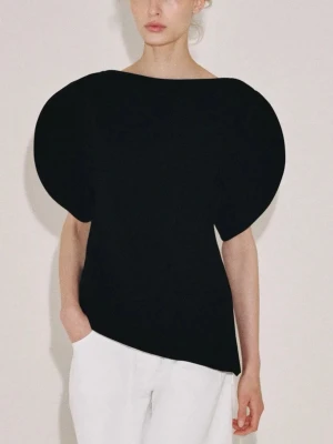 Svart statementblus med puffärmar från Zara - Trendig svart blus med stora, runda puffärmar och asymmetrisk nederkant. Blusen har en minimalistisk design och är perfekt för dig som vill sticka ut. Tillverkad i ett slätt tyg som ger en lyxig känsla