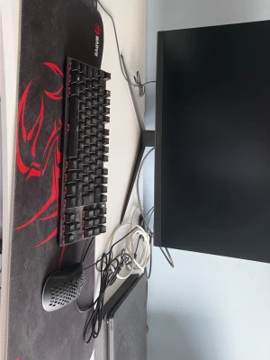 Svart datorskärm och tangentbord - Säljer en MSI skärm  tillsammans med ett hyperx mekaniskt tangentbord med lampor. Musmattan är från marvo och har ledd lampor runt om och ett rött tryck som är en scorpion. Perfekt setup för gaming eller studier.