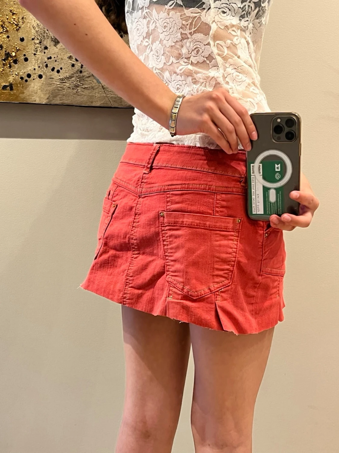 Coral färgad kort jeanskjol  - 4