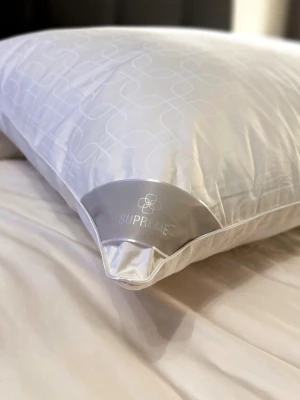Vit kudde Supreme med mönster - Säljer en fluffig vit kudde från Supreme med diskret geometriskt mönster på tyget. Kudden har en elegant glansig kant och är tillverkad i ett mjukt material som känns lyxigt. Perfekt för att lyfta sovrummet och ge extra komfort. Som kommer med tillhörande kuddskydd!