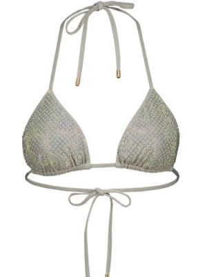 Glittrig bikiniöverdel med snörning - Trendig bikiniöverdel i ljusgrått med glittriga detaljer och triangelformade kupor. Knytning i nacken och runt midjan för justerbar passform. Perfekt för dig som vill sticka ut på stranden.