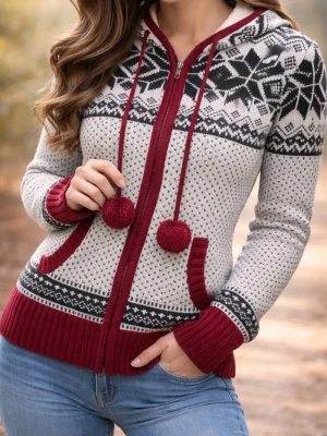 Mönstrad hoodiekofta med dragkedja - Stickad hoodiekofta i vitt, svart och vinrött med snöflingemönster. Dragkedja framtill, två fickor och huva med tofsar. Ribbstickade muddar och nederkant. Perfekt för kalla dagar och riktigt mysig stil.