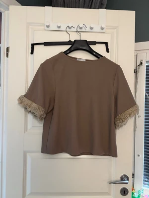 Beige topp med fransar från Zara - Säljer en beige topp från Zara med korta ärmar och snygga fransdetaljer vid ärmsluten. Toppen har en rak passform och är tillverkad i ett mjukt syntetmaterial. Perfekt för dig som vill ha något unikt i garderoben!
