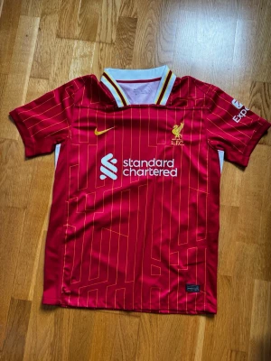 Liverpool matchtröja Nike röd - Säljer en röd Liverpool FC matchtröja från Nike med gula och vita detaljer. Tröjan har tunna gula linjer, klubbmärke och sponsortryck framtill samt korta ärmar och vit/gul krage. Perfekt för dig som älskar fotboll och vill bära ditt lag.
