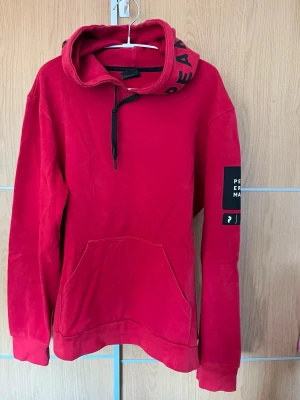 Röd hoodie från Peak Performance - Snygg röd hoodie från Peak Performance med svart dragsko i huvan och tryck på huvkanten. Stor känguruficka framtill och svart patch med text på ena ärmen. Tillverkad i mjukt material, perfekt för en avslappnad stil.