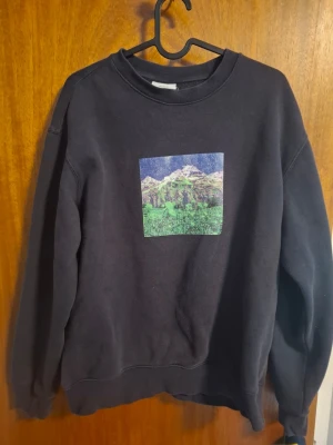 Mörkblå sweatshirt med bergmotiv H&M - Cool svart sweatshirt från H&M med relaxed fit och ett färgstarkt tryck av berg och grönska på bröstet. Tröjan har rund halsringning och ribbade muddar vid ärmslut och nederkant. Perfekt för dig som gillar naturmotiv och avslappnad stil.