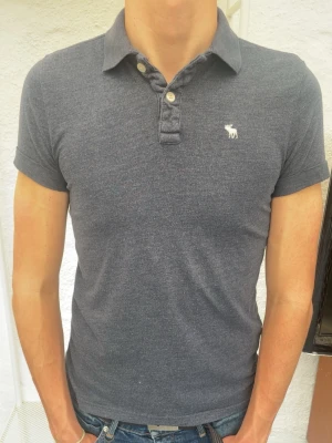 Mörkgrå pikétröja Abercrombie - Snygg mörkgrå pikétröja från Abercrombie & Fitch med klassisk krage, korta ärmar och knappslå framtill. Tröjan har en liten vit logga broderad på bröstet och är gjord i mjuk bomull för en bekväm känsla.