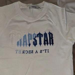 Vit t-shirt från Trapstar - Säljer en vit t-shirt från Trapstar med ett coolt broderat tryck i blått och vitt på framsidan. T-shirten har en klassisk rund hals och korta ärmar. Perfekt för en avslappnad stil.