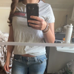 Grå t-shirt med ett tryck  - Säljer en grå t-shirt med ett randigt mönster i flera färger över bröstet. T-shirten har korta ärmar och en normal passform. 💕