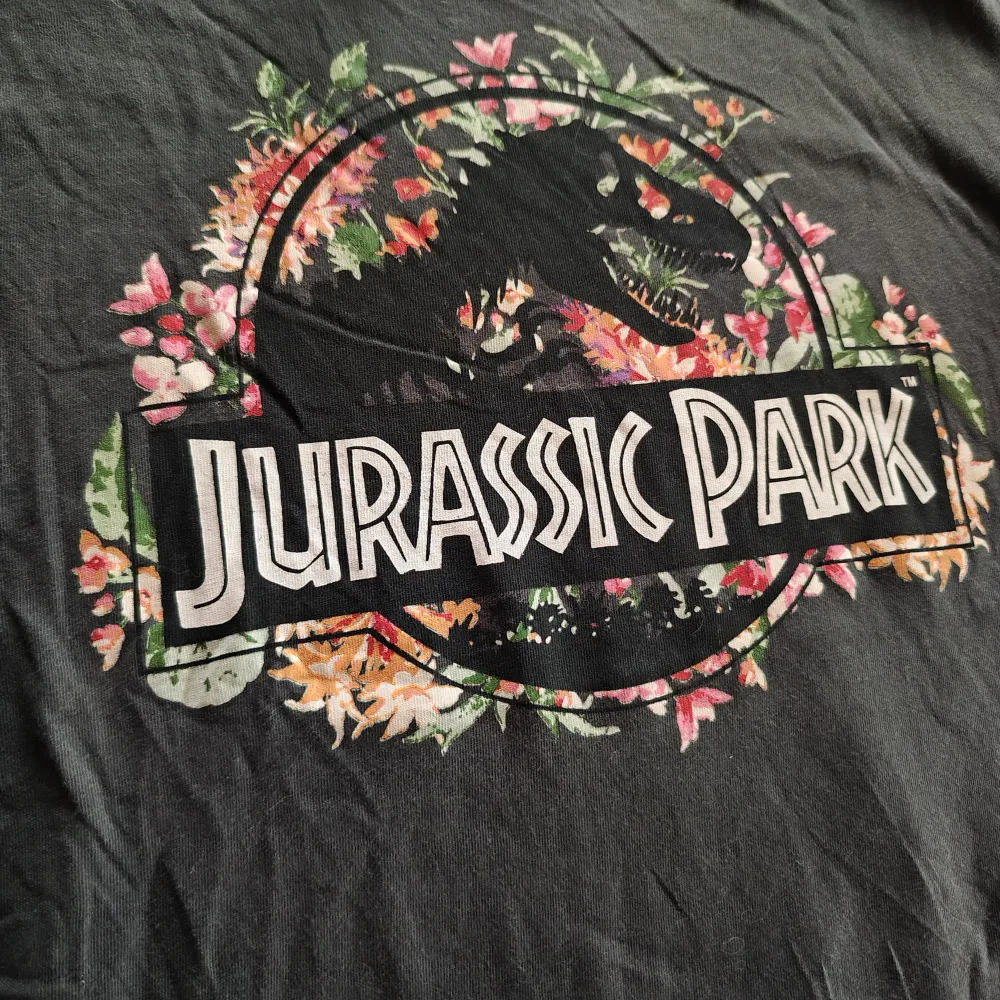 Säljer en svart t-shirt med coolt Jurassic Park-tryck. T-shirten har ett färgglatt blommönster runt dinosaurien och texten. Perfekt för filmälskare och vardagsbruk. Den är i bomull och har korta ärmar. Skön och stilren!. T-shirts.