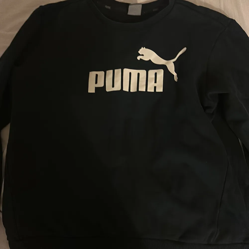 Säljer en svart sweatshirt från Puma i storlek L. Den har en klassisk design med Puma-loggan i vitt på framsidan. Perfekt för en avslappnad stil eller träning. Tröjan är i bra skick och redo för en ny ägare!. Tröjor & Koftor.