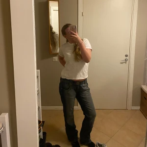 Lågmidjade Jeans denim - Säljer ett par snyggga blåa denim jeans, dom har dekorationer på bakfickorna och en stor rund knapp som knäpp-knapp till byxorna.                  Dom sitter väldigt snyggt på 