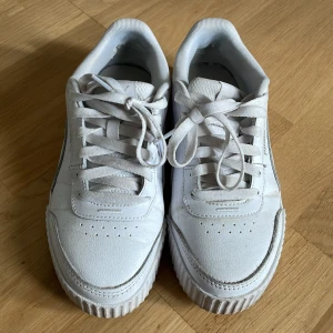 Vita sneakers från Puma - Säljer ett par vita sneakers från Puma. De har en klassisk design med snörning och en robust sula. Skorna är i syntetmaterial och har Puma-loggan på sidan och baksidan. Perfekta för vardagsbruk och ger en stilren look.