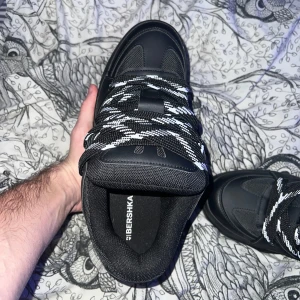 Svarta sneakers från Bershka - Snygga svarta sneakers från Bershka med tjocka, svartvita snören. Skorna har en stilren design med en robust sula och är perfekta för en casual look. Skorna är i storlek 42 och dem är helt nya, dem är aldrig använda. MVH Sebastian 😁