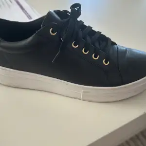 Säljer ett par snygga svarta sneakers från Vagabond. De har en stilren design med svarta snören och guldfärgade öljetter. Skorna är i skinn och har en vit sula som ger en cool kontrast. Perfekta för både vardag och fest!