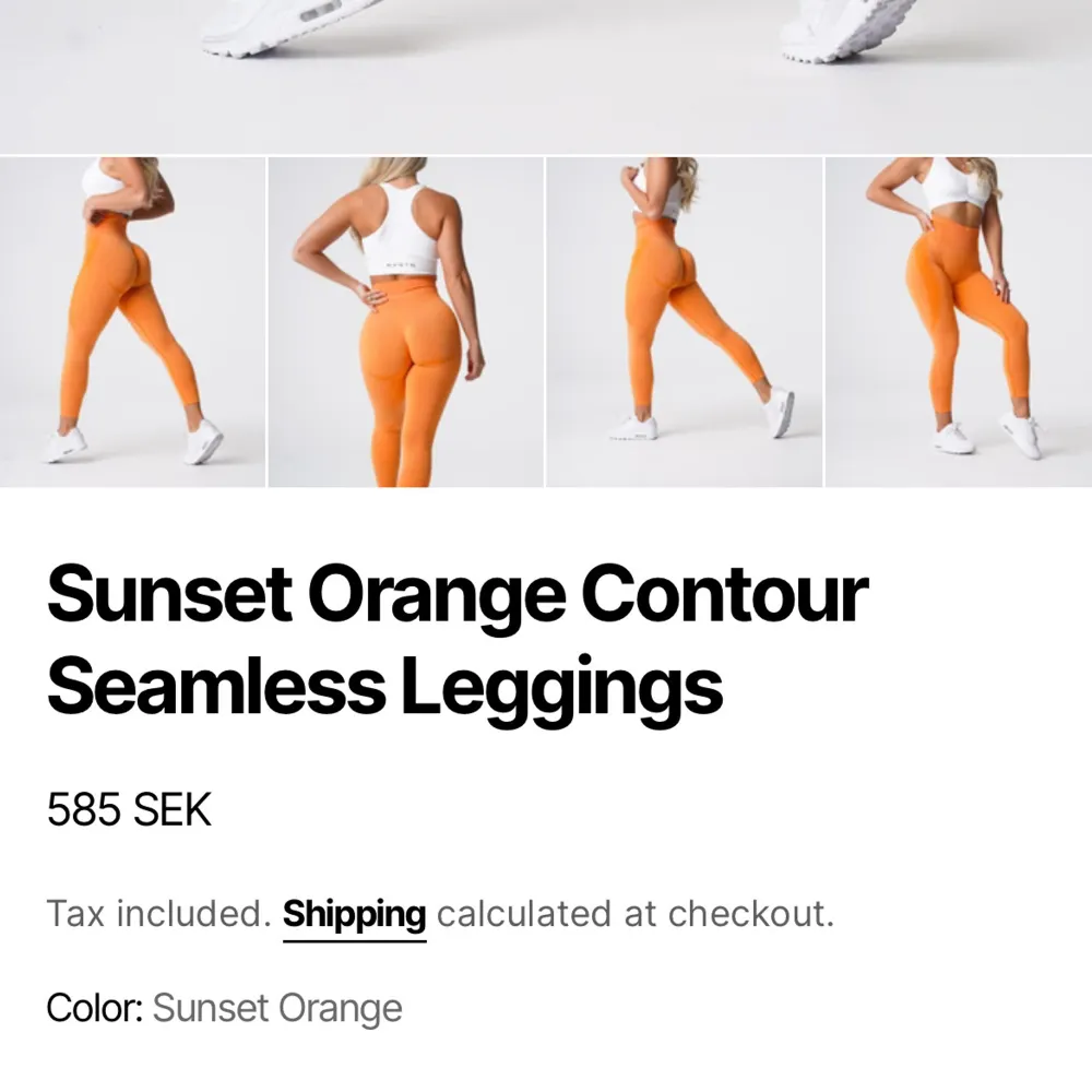 Superfina orangea tights från NVGTN i buttersoft tyg 🧡 Knappt använda, ytterst lite noppriga men det tänker man inte på! Nypris är 585kr + tull å frakt från USA! Passar S-M 🧡. Sportswear.