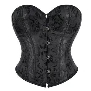 Svart korsett med mönster - Snygg svart korsett med ett elegant mönster och knäppning fram. Den har snörning bak för perfekt passform. Perfekt för en festlig kväll eller en stilfull look. Passar bra till både kjol och byxor.