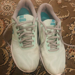 Nike Flex Run 2016 i mintgrön och turkos - Säljer ett par Nike Flex Run 2016 sneakers i en fräsch mintgrön färg med turkosa detaljer. Skorna har en bekväm passform och är perfekta för träning eller vardagsbruk. De är i bra skick med lite slitage på tån. Snörning framtill och en lättviktig design gör dem superbekväma att ha på sig.