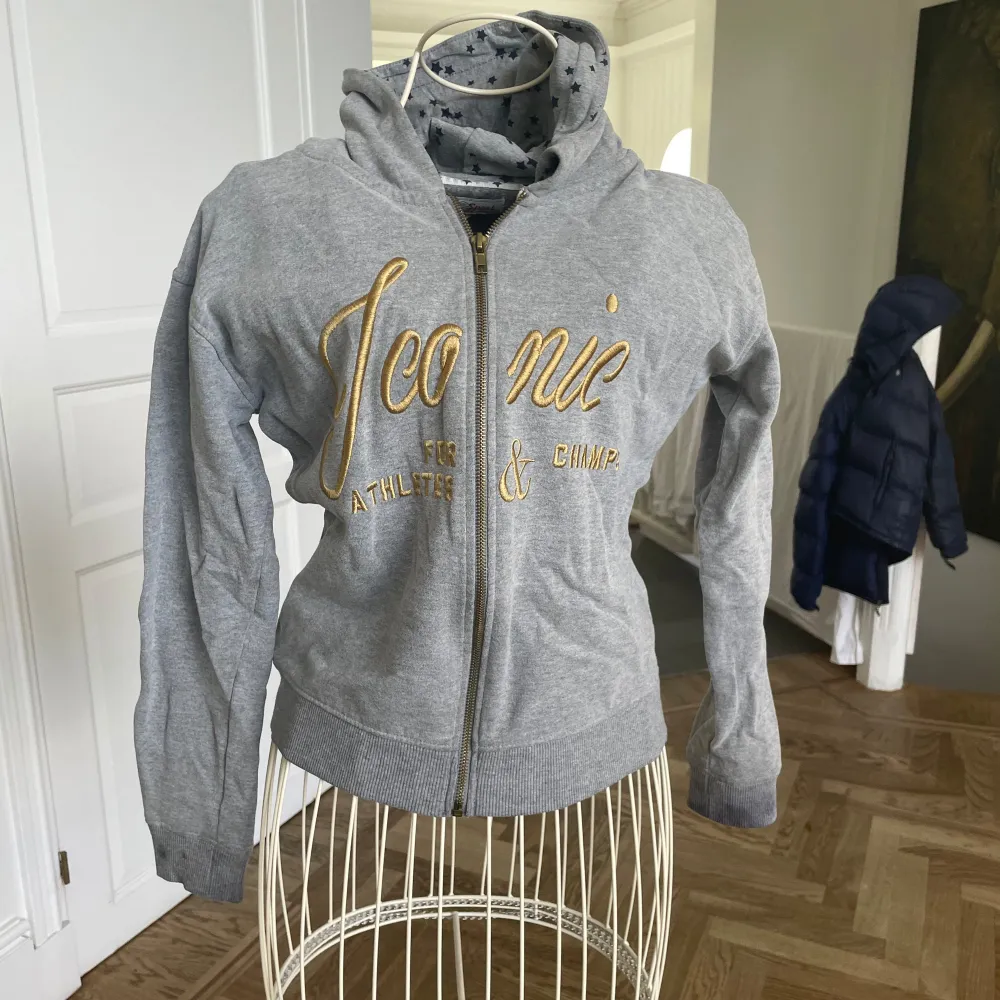 Säljer en grå hoodie från Iconic Sport med texten 'Iconic' i guld på framsidan. Den har en dragkedja och en mysig huva med stjärnmönster på insidan. Perfekt för en avslappnad stil!. Tröjor & Koftor.