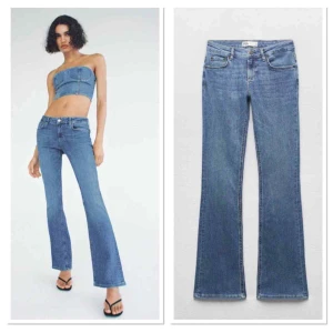 Lågmidjade bootcut jeans - Sååå snygga! De har en liten slitning längst ner (bild 4) men ingenting man  på. De är ganska stretchiga och på bild ser dom blåare ur än i verkligheten 💕 Innerbenslängd: 81cm Midjemått: ca 34cm 