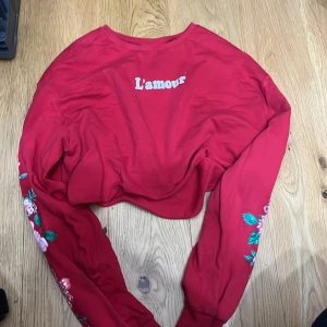 Röd långärmad tröja från H&M Divided - Säljer en röd långärmad tröja från H&M Divided med texten 'L'amour' på bröstet. Tröjan har ett blommigt mönster längs ärmarna och är tillverkad i ett mjukt material. Perfekt för en färgglad look!