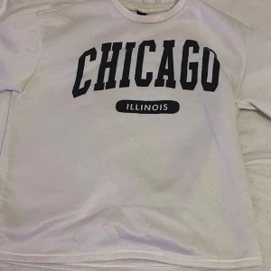 Vit tröja med tryck 'Chicago Illinois' - Säljer en vit tröja med svart tryck 'Chicago Illinois' på framsidan. Tröjan har en normal passform och är långärmad, perfekt för en avslappnad stil. Materialet känns mjukt och bekvämt, idealiskt för vardagsbruk. Passar bra till jeans eller leggings för en casual look.säljs för 50