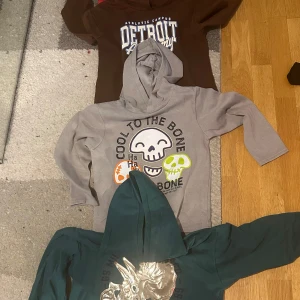 Tre coola hoodies med tryck - Säljer tre olika hoodies i bra skick. En brun med Detroit-tryck, en grå med 'Cool to the Bone' och döskallar i färgglada nyanser, och en grön med ett stort tryck på framsidan. Perfekta för höst och vinter, alla med långa ärmar och skön passform. Passar både chill och casual stilar.En hoodie för 60kr och alla fyra för 200kr