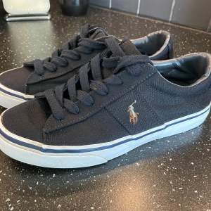 Säljer ett par snygga mörkblå sneakers från Polo Ralph Lauren. De har en klassisk design med snörning och en broderad logga på sidan. Skorna har en vit sula som ger en fin kontrast till det mörkblå tyget. Perfekta för både vardag och fest!